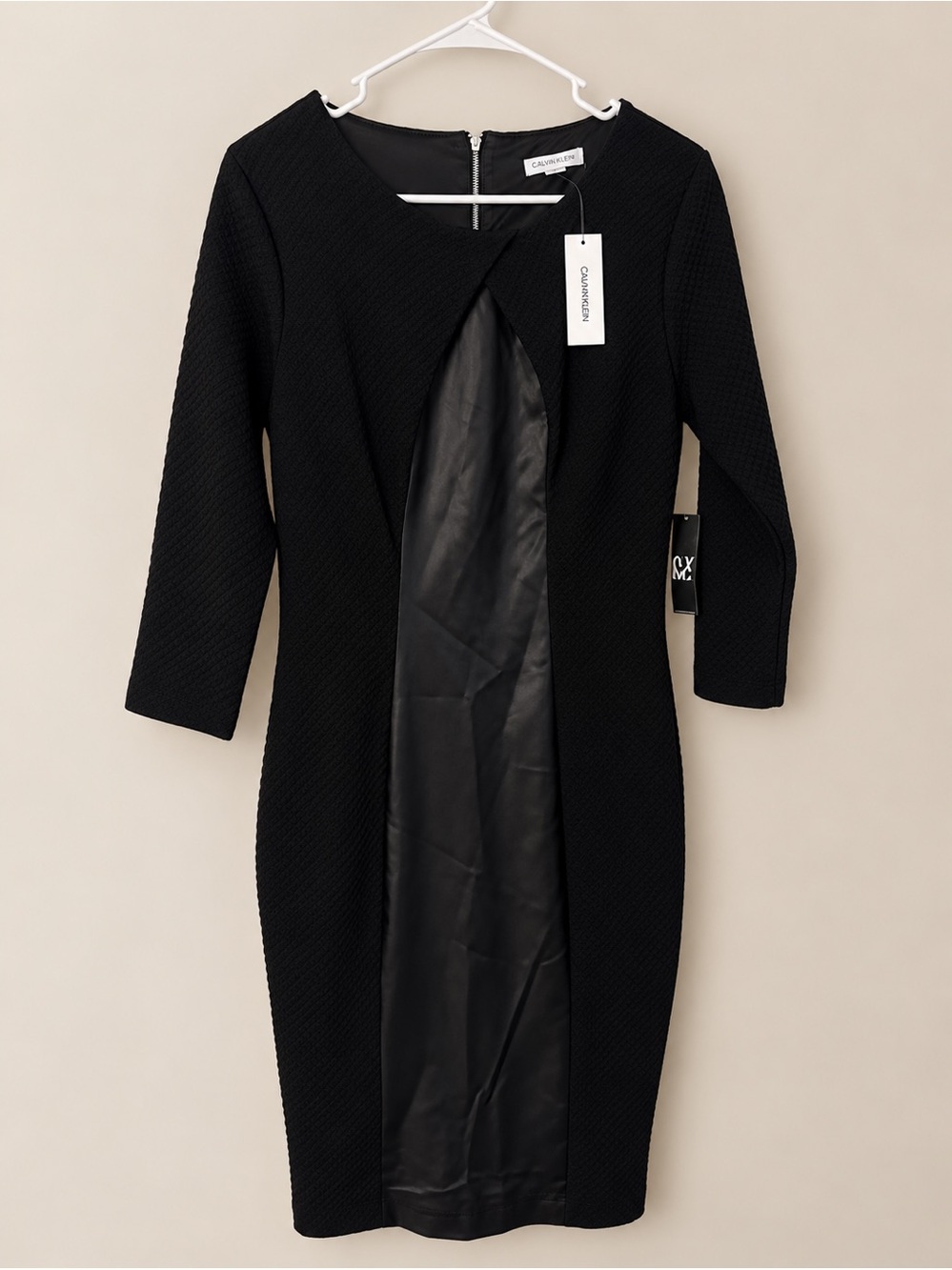 New York & Company Black Textured Sheath Dress with Faux Leather Panel